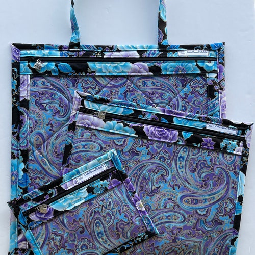 Deluxe Set Blue Blooms and Purple Paisley Project Bag Set for shops QSnap/WIP/Cross Stitch/Embroidery/Needlepoint/Sewing/Quilting/Felting