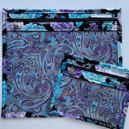 Deluxe Set Blue Blooms and Purple Paisley Project Bag Set for shops QSnap/WIP/Cross Stitch/Embroidery/Needlepoint/Sewing/Quilting/Felting