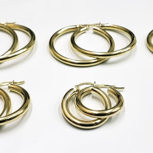 10K Yellow Real Gold Hoop Loop Earrings Round Snap Closure 3mm Thickness