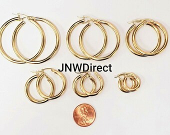 10K Yellow Real Gold Hoop Loop Earrings Round Snap Closure 2mm Thickness