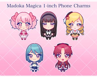 May include: Five 1-inch phone charms featuring characters from Madoka Magica. The charms depict chibi-style anime characters with large eyes and colorful outfits. The background is a pink diamond pattern with the text "Madoka Magica 1-inch Phone Charms".