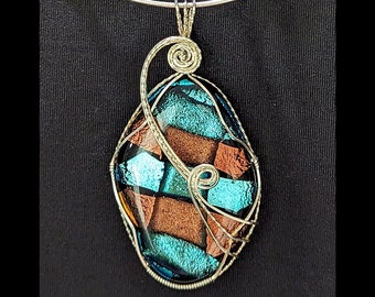 Amazing BOLD Signed 08 Copper & Teal Sterling Silver Wire-Wrapped * Dichroic * RULA GLASS Pendant