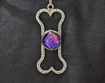 Cast DOGBONE Signed Purple Pink Dichroic RULA GLASS 925 Sterling Silver Pendant