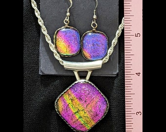 MODERN Purple and Pink Dichroic Glass Bezeled Solid 925 Sterling Silver Pendant and Earrings Set, Signed 2007