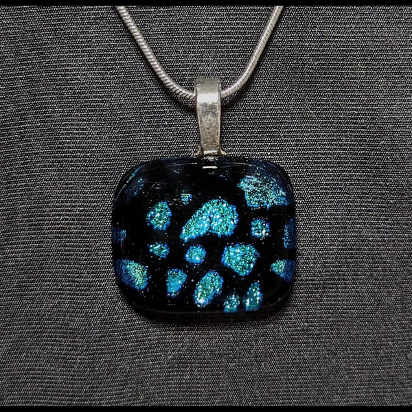 Amazing Signed Spotted Aqua Blue Dichroic & Black Glass Pendant with 18 Inch 1mm Sterling Silver Chain