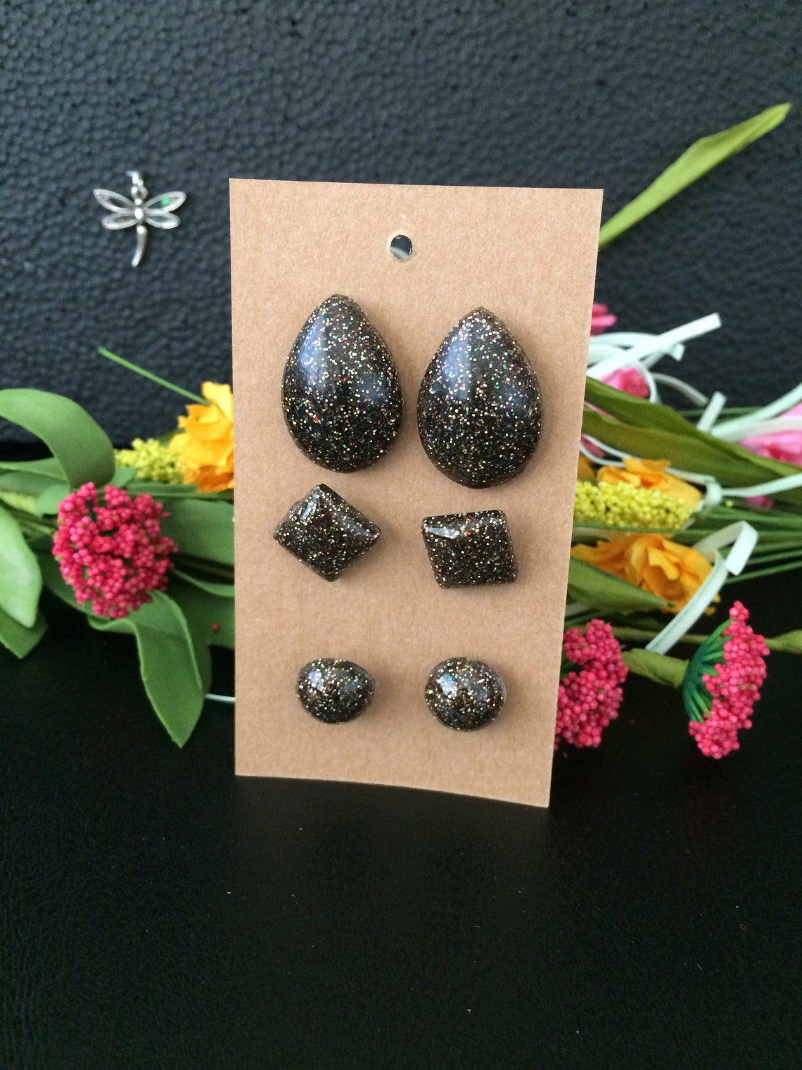 Bronze Resin Earrings with posts and stoppers Set Hand Made Etsy