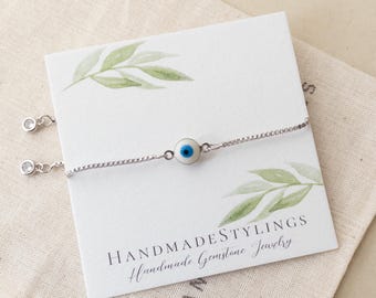 Blue Evil Eye Charm Bracelet – Adjustable Chain Jewelry for Protection & Luck – Dainty Talisman Gift – Stackable Everyday Bracelet