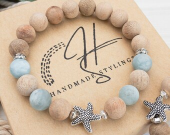 Sandalwood Diffuser, Aquamarine Bracelet, Real Stone Bracelet with Tiny Starfish