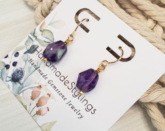 Amethyst Earrings Gold, Aesthetic Gemstone Earrings, Delicate Artisan Earrings, 14k Gold Earrings for Sensitive Ears, Raw Crystal Earrings