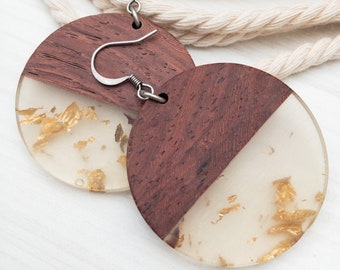 Cool Earrings Dangle, Wood and Resin, Gold Flakes, Gold Disc Earrings, Festive Bohemian Earrings