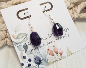 Amethyst Drop Earrings, Raw Crystal Earrings, Nickle Free Earrings Handmade with Real Crystals, Nickle Free Lightweight Earrings for Her