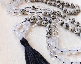 Dalmatian Jasper & Quartz Mala – 108 Bead Protection Necklace – Crystal Mala Beads for Energy Balance and Personal Boundaries