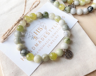 Nephrite Jade Bracelet, Natural Green Gemstone Beaded Stretch Bracelet, Handmade Crystal Jewelry, Meaningful Gift for Balance & Renewal
