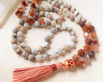Amazonite & Rutilated Quartz Mala – 108 Bead Knotted Meditation Necklace – Crystal Mala for Clarity, Focus and Inspired Action