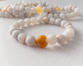 White Lace Agate and Yellow Jade Heart Beaded Bracelet, Crystal Jewelry for Positivity, Calm & Inner Clarity,  Stretch Bracelet Gift for Her