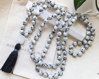 Kiwi Jasper & Quartz Mala – 108 Bead Meditation Necklace for Emotional Strength and Clarity – Crystal Beads for Meditation