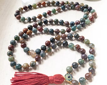 Ocean Jasper Mala for Emotional Renewal – 108 Bead Hand Knotted Meditation Necklace – Calming Crystal Jewelry for Grounding & Energy Reset