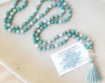 Moonstone Amazonite Mala for Inner Peace & Intuition – 108 Bead Hand Knotted Crystal Necklace – Empowerment Gift for Women – Yoga Jewelry