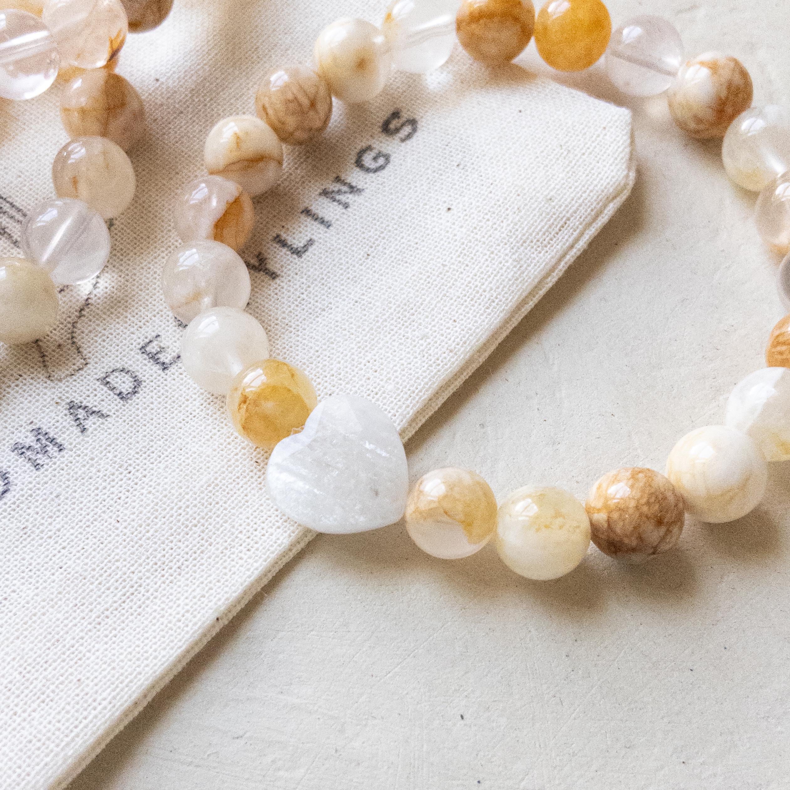 Flower Agate and Moonstone Heart Bracelet | Crystal Jewelry for Self-Love & Emotional Renewal | Encouragement Gift for Her