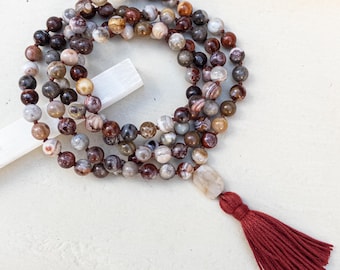 Red Crazy Lace Agate & Moonstone Mala – 108 Bead Crystal Necklace for Comfort, Reflection, and Inner Strength – Handmade Spiritual Jewelry