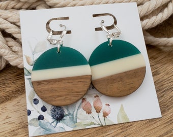 Green Two Tone Leverback Earrings, Wood and Resin Earthy Jewelry, Aesthetic Artsy Earrings, Popular Right Now