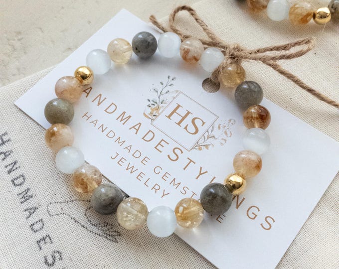 Selenite Citrine Labradorite Bracelet, Crystal Bead Bracelet in Earthy Neutrals, Thoughtful Gift for Inner Reflection and Self Connection