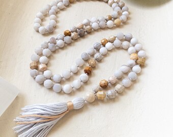 White Lace Agate & Fossilized Coral Mala – 108 Bead Hand Knotted Crystal Necklace for Grounding, Reflection, and Inner Peace Gift for Her