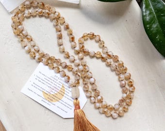 Citrine Moonstone Mala Necklace – 108 Bead Knotted Crystal Jewelry for Joy, Intuition & Inner Radiance – Meditation Gift for Women