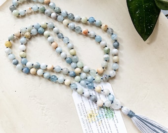 Aquamarine Mala with Moonstone Heart – Meditation Necklace for Calm & Clarity – Anxiety Support Mala – Feminine Energy Crystal Jewelry