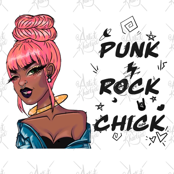 Punk rock chick, png sublimation, black girls rock, pink hair dye and jean jackets