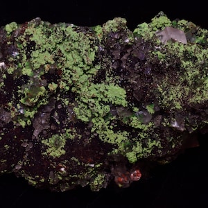 May include: A close-up of a mineral specimen with a dark, textured base. Bright green, moss-like formations cover parts of the surface. Clear, crystalline structures are visible throughout the specimen. The background is solid black.