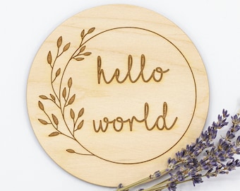 Hello World Sign: Laser Engraved Birch Baby Photo Prop
