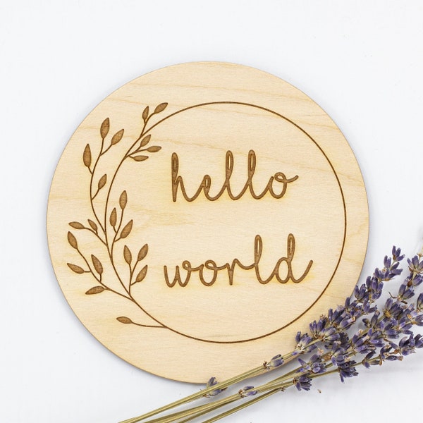 Hello World Sign: Laser Engraved Birch Baby Photo Prop