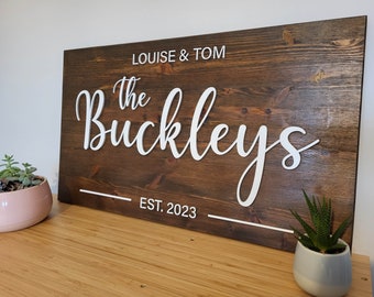 Couples Wood Sign with raised lettering | Year Est Wedding Sign | Wooden Family Established with first names and surname | Dark Timber