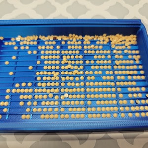 Puede incluir: Una bandeja de pl&aacute;stico azul con filas de peque&ntilde;as cuentas redondas de color beige. La bandeja est&aacute; llena de cuentas, y algunas est&aacute;n dispersas alrededor de los bordes.