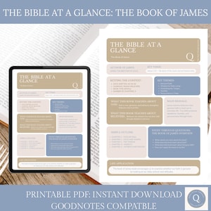 Puede incluir: Un PDF imprimible digital titulado "La Biblia de un vistazo: El libro de Santiago". El diseño presenta una tableta y una página impresa con temas clave, contornos y preguntas de estudio. La combinación de colores incluye beige, azul y blanco.