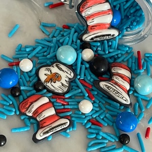 Dr Seuss Custom Sprinkle Mix- Cat in Hat, Thing 1, Thing 2, or Go Balloons. Dozen Theme cupcake toppers, cake sprinkles, treat adornments