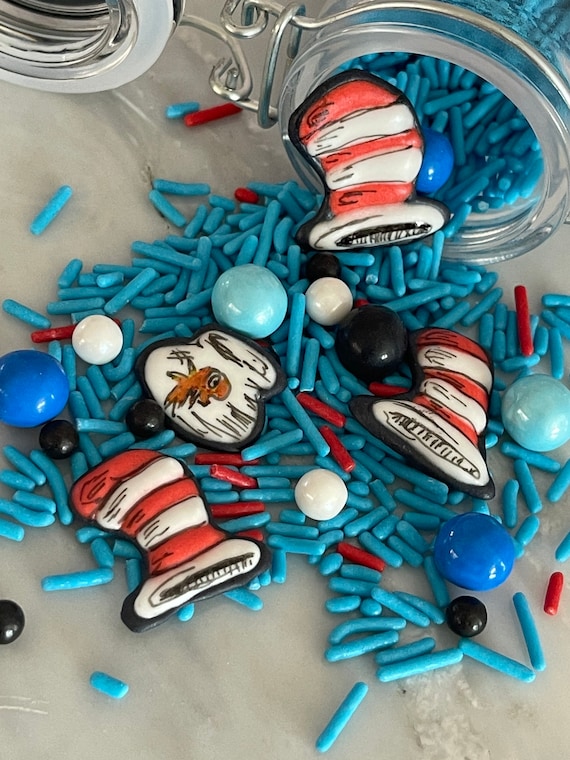 Dr Seuss Custom Sprinkle Mix- Cat in Hat, Thing 1, Thing 2, or Go Balloons. Dozen Theme cupcake toppers, cake sprinkles, treat adornments