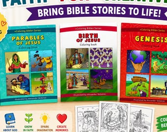 May include: A set of three coloring books titled Parables of Jesus, Birth of Jesus, and Genesis, each featuring colorful illustrations on the cover. The set includes 32 pages per book, with text elements like Faith, Fun, Creativity, and Bring Bible Stories to Life. Includes black and white sample pages and colored pencils.