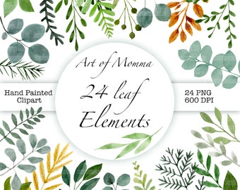 24 Leaf Elements, watercolor, digital print, png file, instant download, clip art