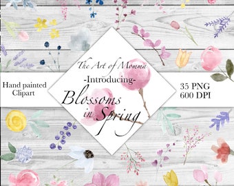 Blossoms in Spring, watercolor flowers, digital, png file, instant download, clip art