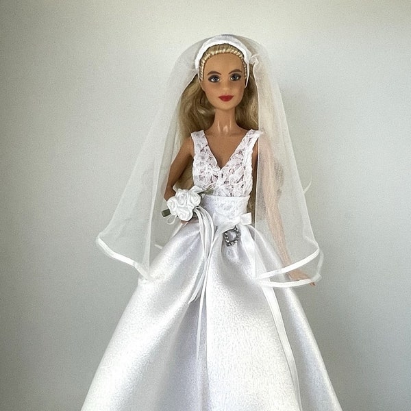 Fashion Doll Clothes- Halter Style Bridal Satin and Lace Wedding Dress and Tulle Veil