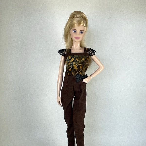 Handmade Fashion Doll Clothes  -  Dark Brown/ Gold Leaf Pattern Jumpsuit