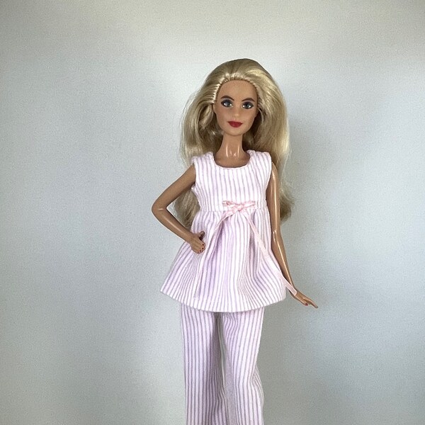 Fashion Dolls-Pink and White Stripe Pattern Flannel Pajamas