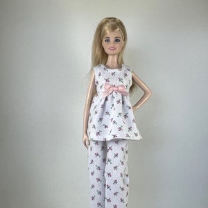 Handmade Fashion Doll Clothes -  White with Pink Rosebud Flannel Pajamas