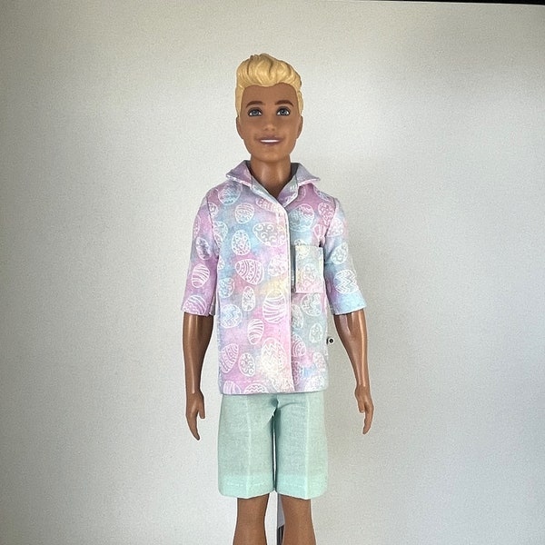 Ken Clothes -  Pastel Watercolor Background with White Easter Egg Pattern  Shirt and Light Aqua Shorts- Easter/Spring