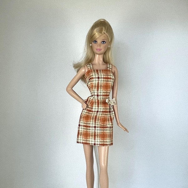 Handmade Fashion Doll Clothes -  Brown/ Orange White Plaid Pattern  Slim Dress