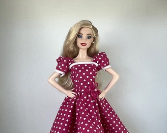 Handmade Fashion Doll Clothes -Bright Pink with White Polka Dot Pattern Dress with Puff Sleeves