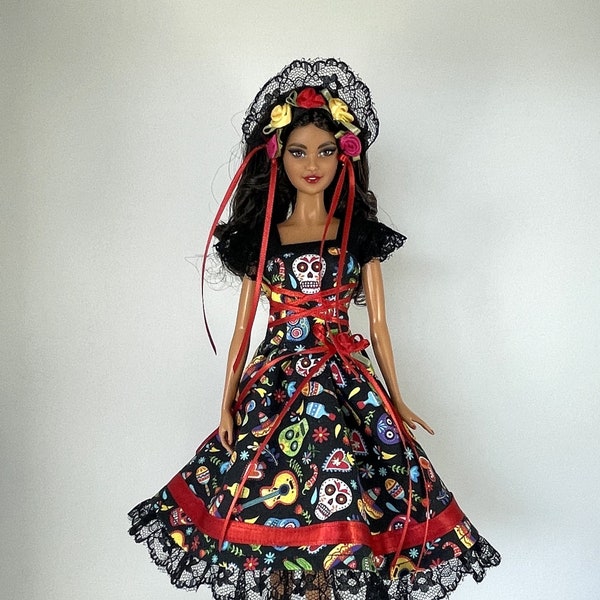 Fashion Doll Clothes -  Black with Sugar Skulls Day of the Dead Dress - Halloween