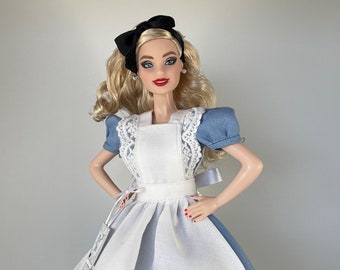 Handmade Fashion Doll Clothes - Alice in Wonderland Inspired Blue Dress and White Apron- Costume